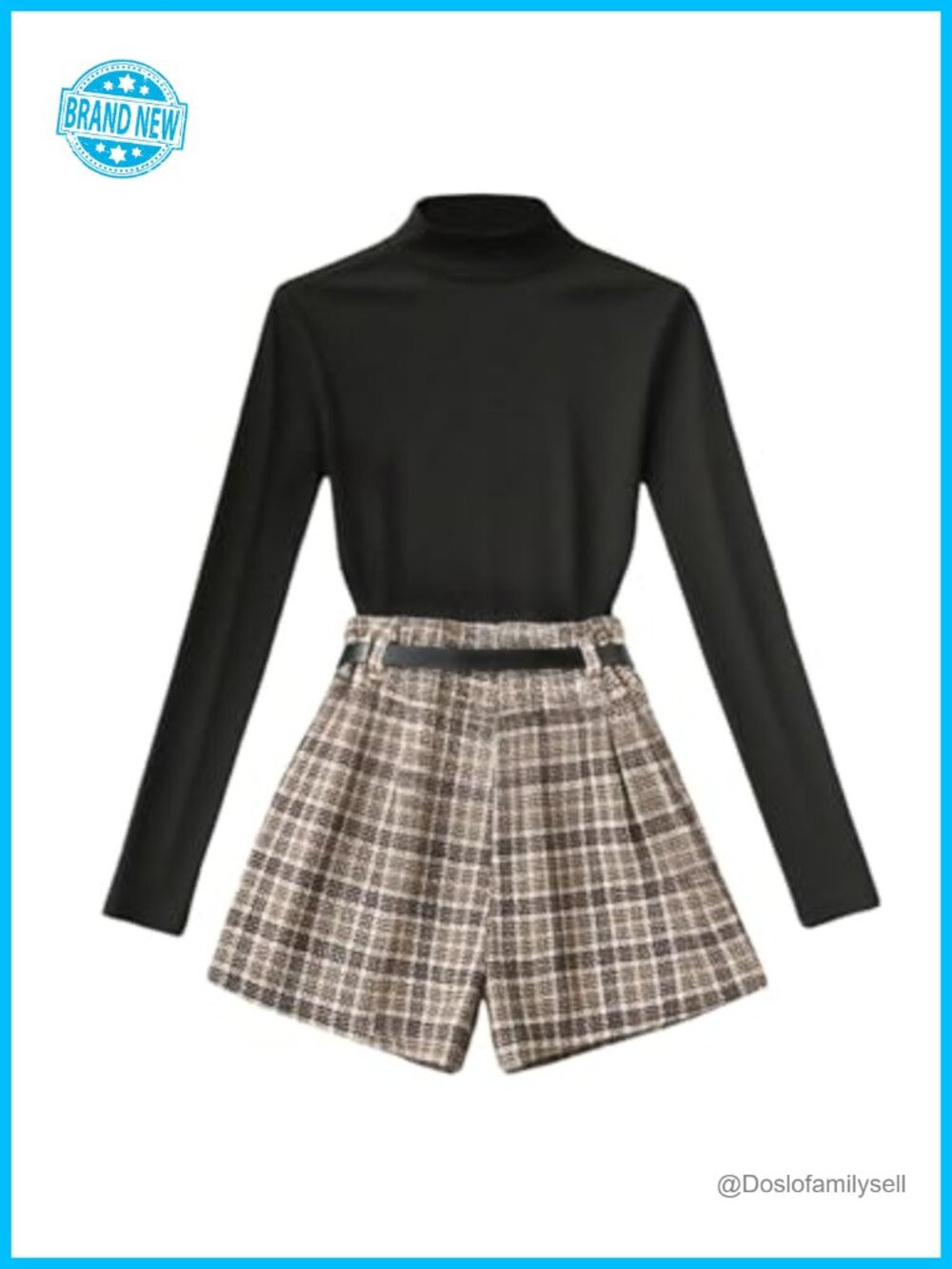 WDIRARA 2 Piece Plaid Skirt Set Mock Neck Long Sleeve Ribbed Knit Top